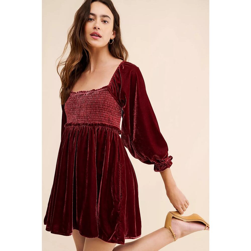 Free People Daphne Velvet Mini Dress Burgundy Wine Red Smocked M - Picture 6 of 7